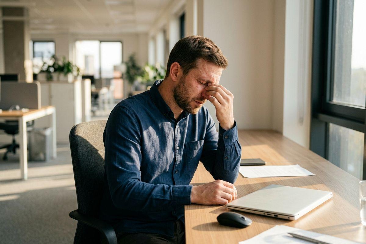 Person at an office desk pinching the bridge of their nose, eyes closed, beside a closed laptop and papers.