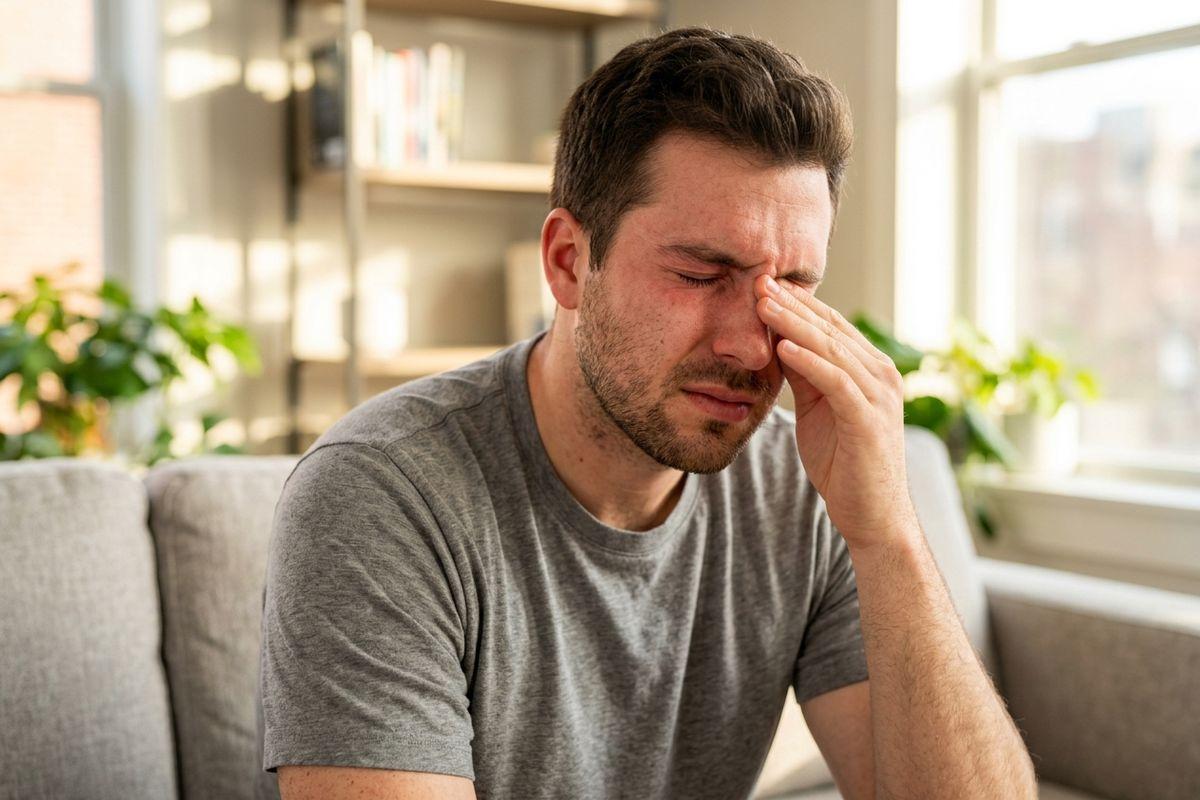 Person in a gray t-shirt sitting on a couch, rubbing one eye with eyes closed, looking pained.