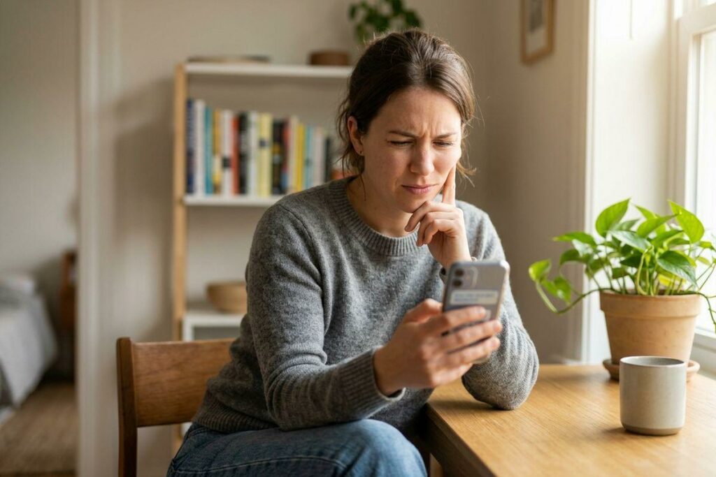 Person in gray sweater looking at smartphone with concerned expression, seated at table with plant and mug by window.