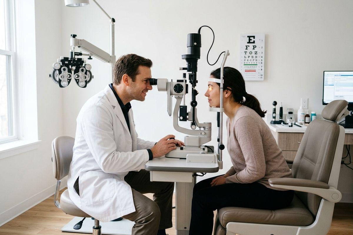 Optometrist examining a seated patient's eyes through a slit lamp, with eye chart on the wall in an exam room.