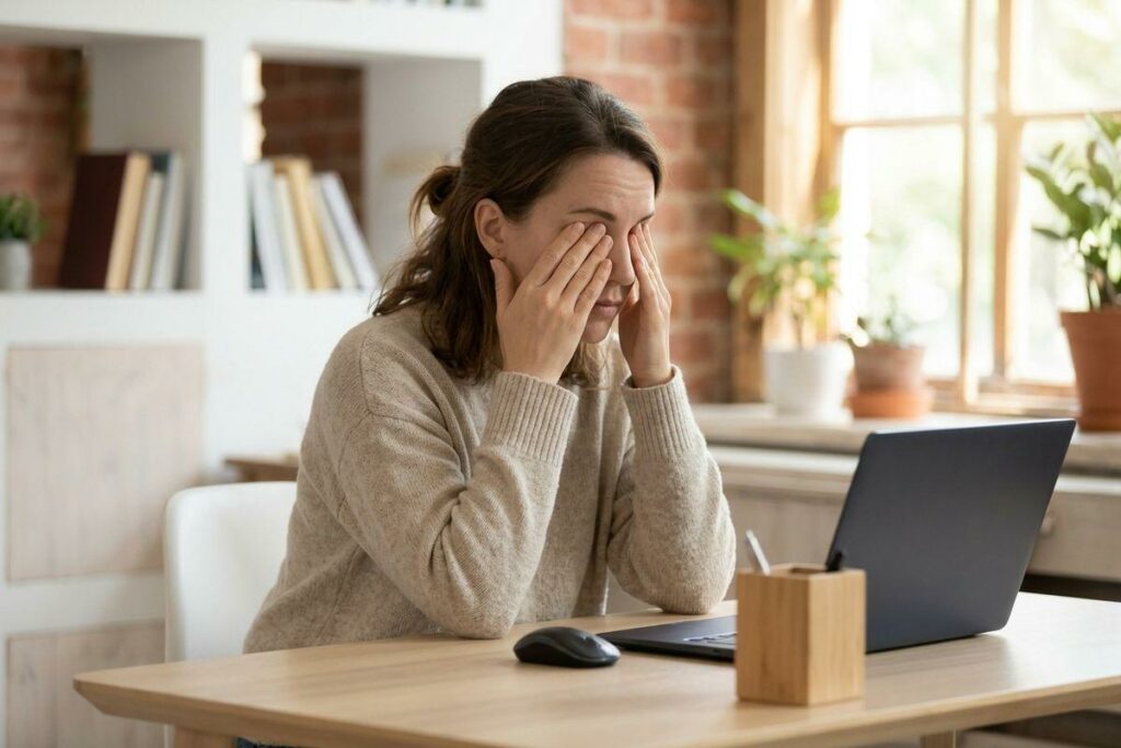 Person rubbing both eyes while sitting at a desk with a laptop in a bright room with plants.