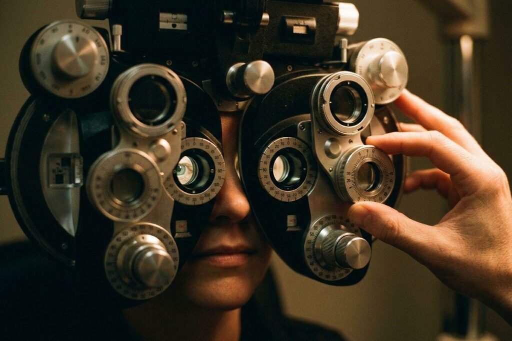 Adult looking through a phoropter during an eye exam while an optometrist adjusts the lens dials.