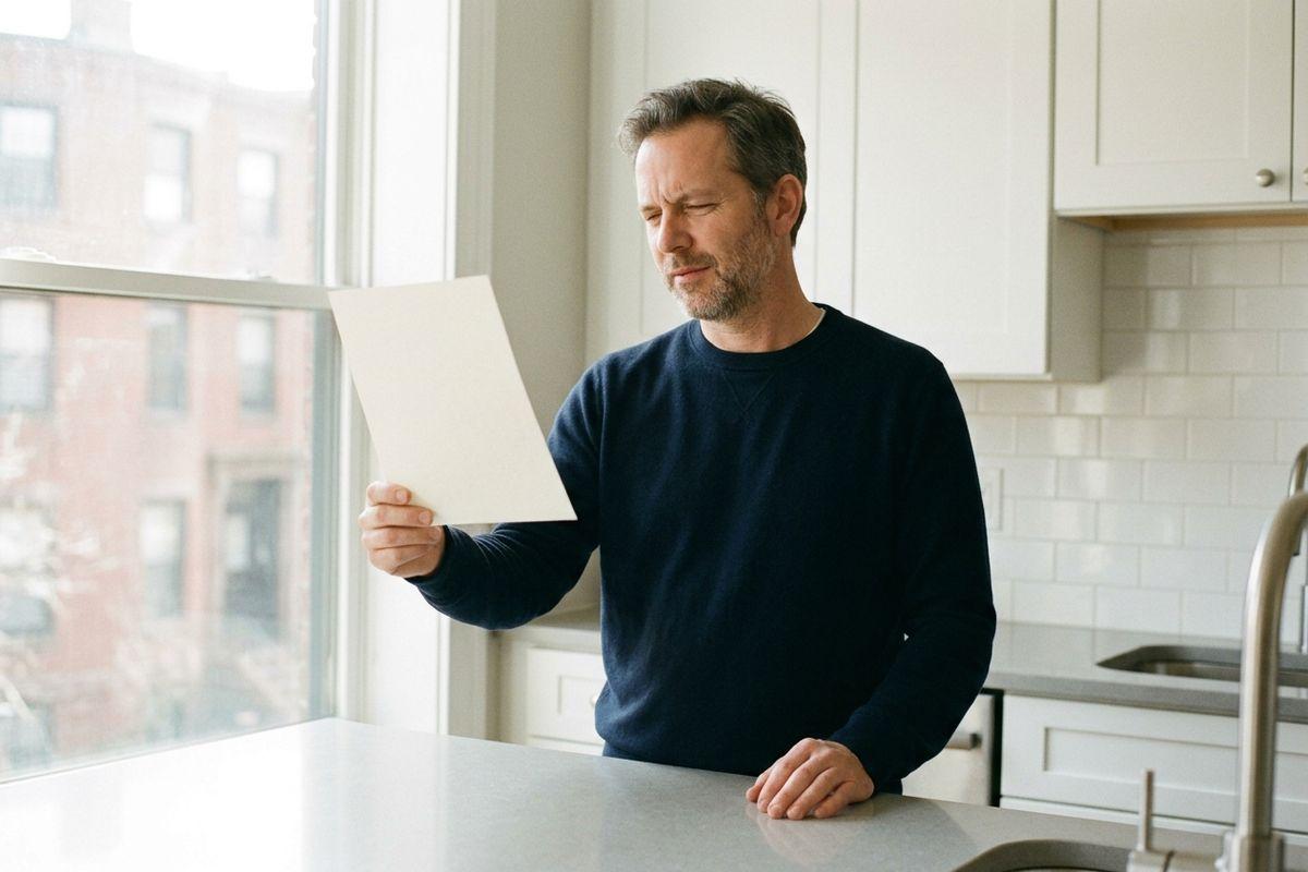 Adult standing in a kitchen, holding and reading a document with a concerned expression, near a window overlooking buildings.